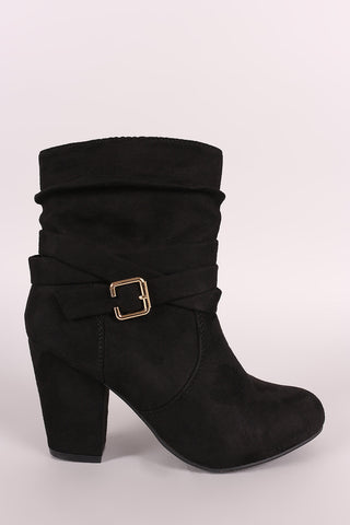 Slouchy Suede Buckled Ankle Strap Chunky Heeled Booties