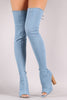 Drawstring Collar Heeled Over-The-Knee Fitted Denim Boots