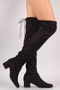 Drawstring-Tie Suede Block Heeled Over-The-Knee Boots