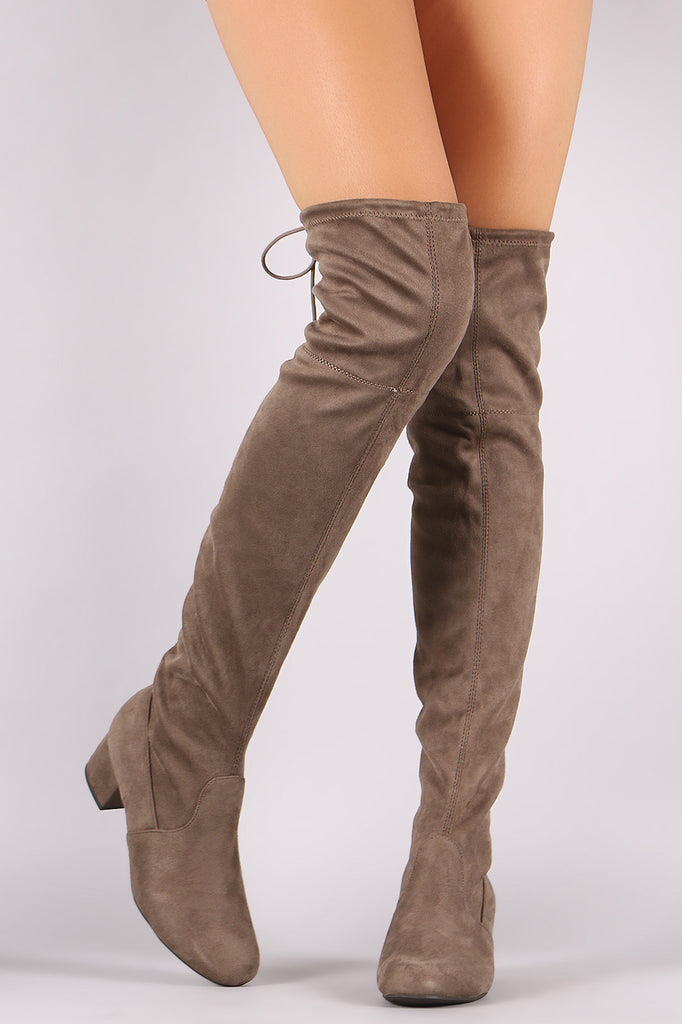 Drawstring-Tie Suede Block Heeled Over-The-Knee Boots