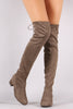 Drawstring-Tie Suede Block Heeled Over-The-Knee Boots