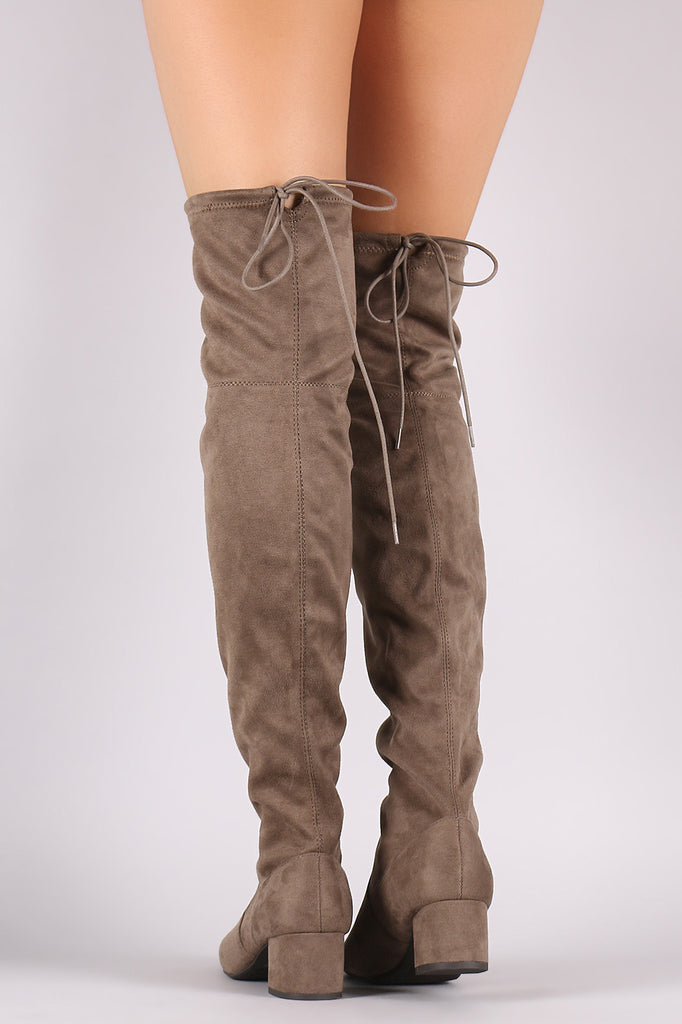 Drawstring-Tie Suede Block Heeled Over-The-Knee Boots