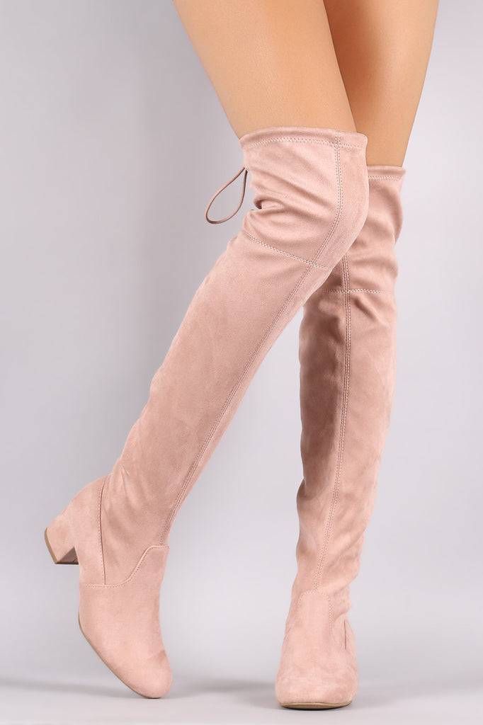 Drawstring-Tie Suede Block Heeled Over-The-Knee Boots
