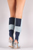 Denim Patchwork Chunky Lucite Heeled Cutout Knee High Boots