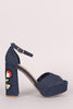 Bamboo Denim Embroidered Floral Chunky Platform Heel