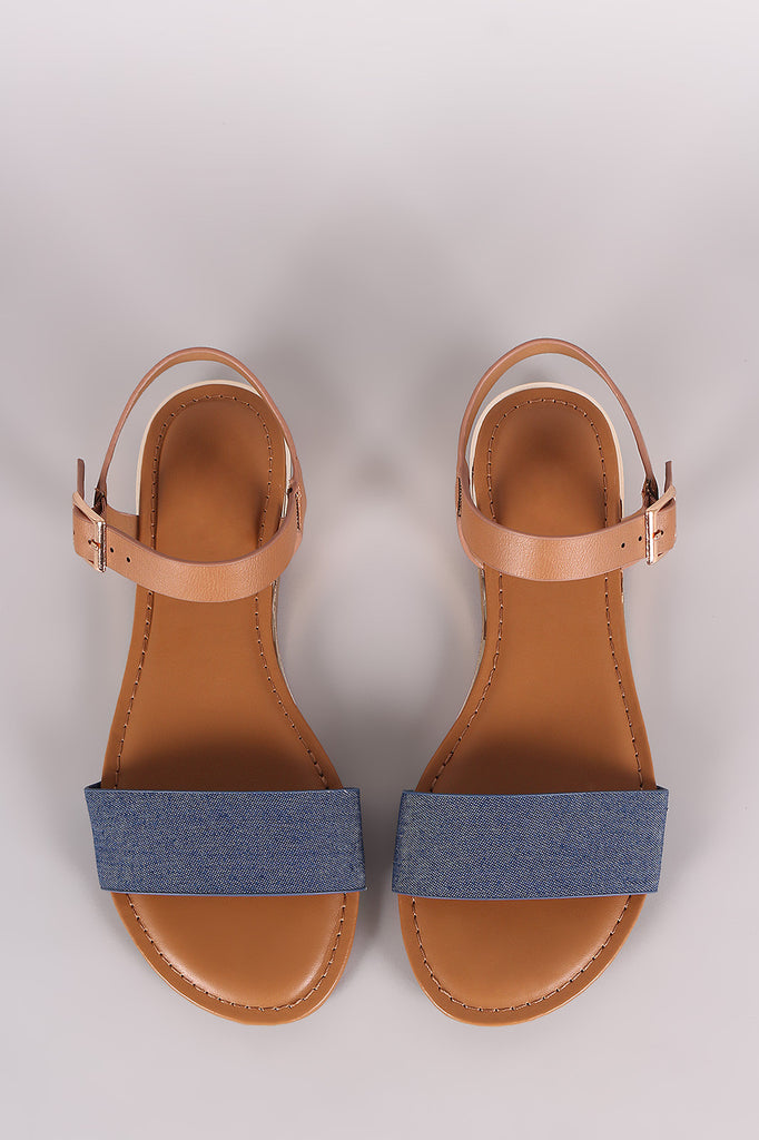 Bamboo Open Toe Ankle Strap Denim Flat Sandal