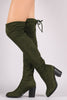 Stretched Suede Collar Tie Chunky Heeled Over-The-Knee Boots