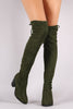 Stretched Suede Collar Tie Chunky Heeled Over-The-Knee Boots