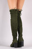 Stretched Suede Collar Tie Chunky Heeled Over-The-Knee Boots
