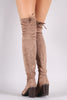 Stretched Suede Collar Tie Chunky Heeled Over-The-Knee Boots