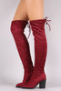 Stretched Suede Collar Tie Chunky Heeled Over-The-Knee Boots