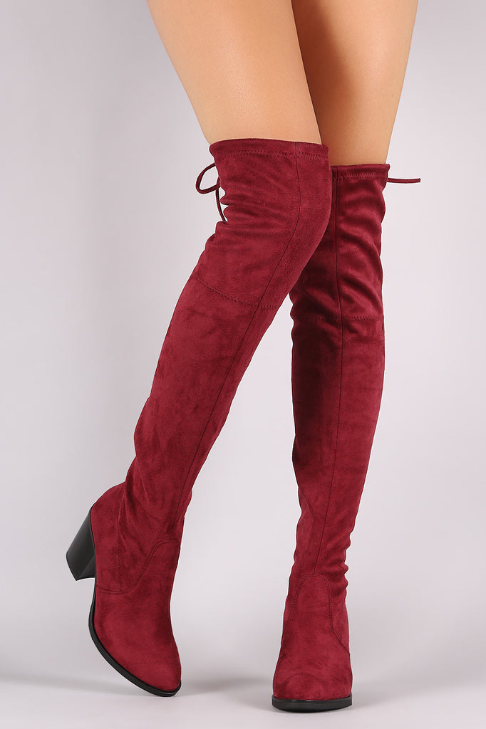 Stretched Suede Collar Tie Chunky Heeled Over-The-Knee Boots