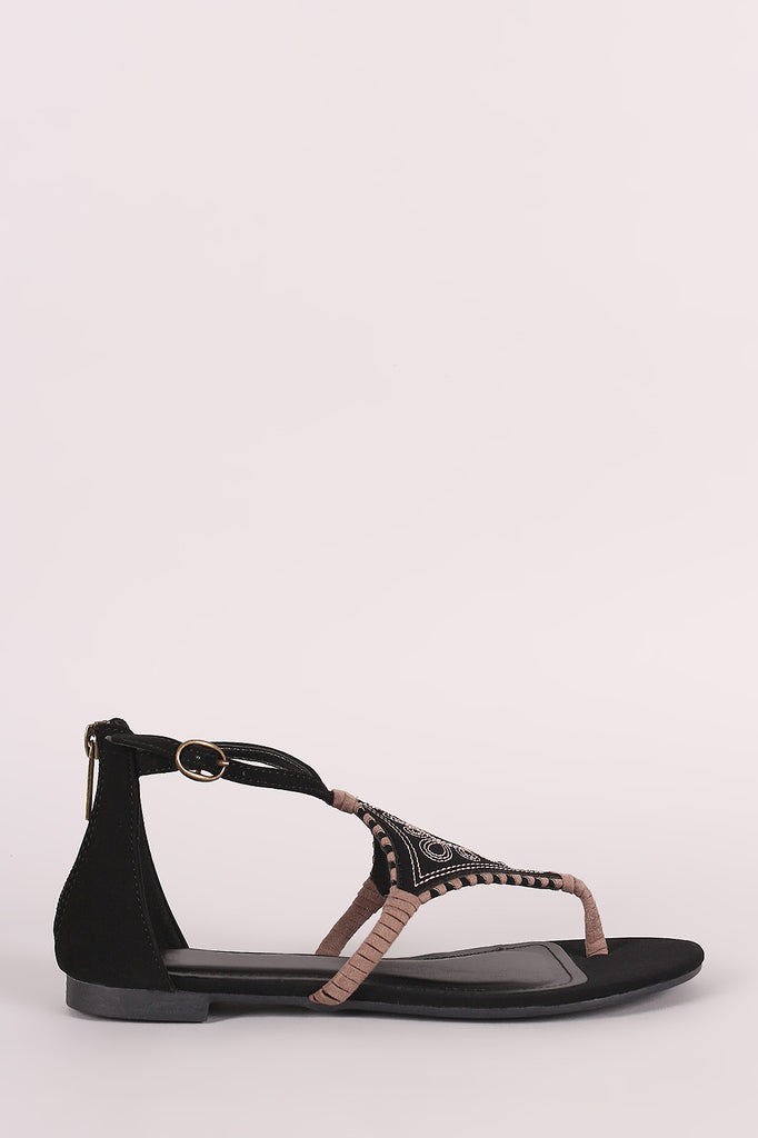 Bamboo Nubuck Embroidery And Whipstitch Thong Flat Sandal