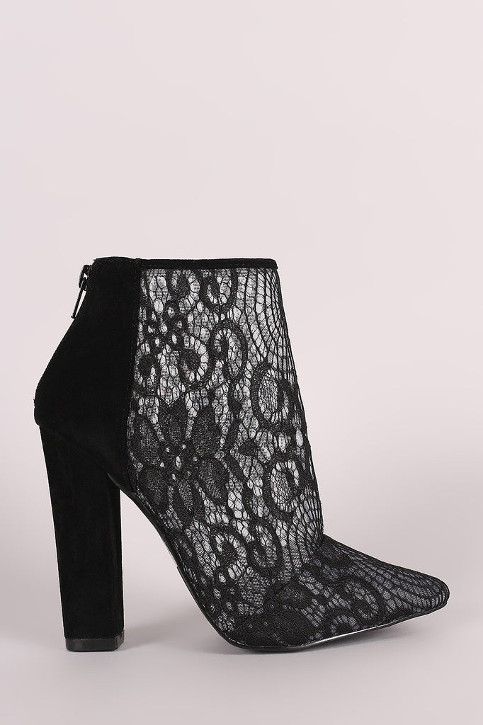 Shoe Republic LA Suede Lace Pointy Toe Chunky Heeled Booties