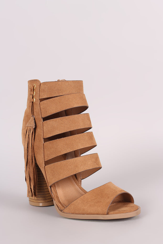 Qupid Strappy Fringe Tassel Rounded Chunky Heel