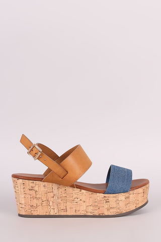 Bamboo Color Block Open Toe Cork Platform Wedge