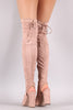 Delicious Suede Corset Lace Up Chunky Heeled Boots