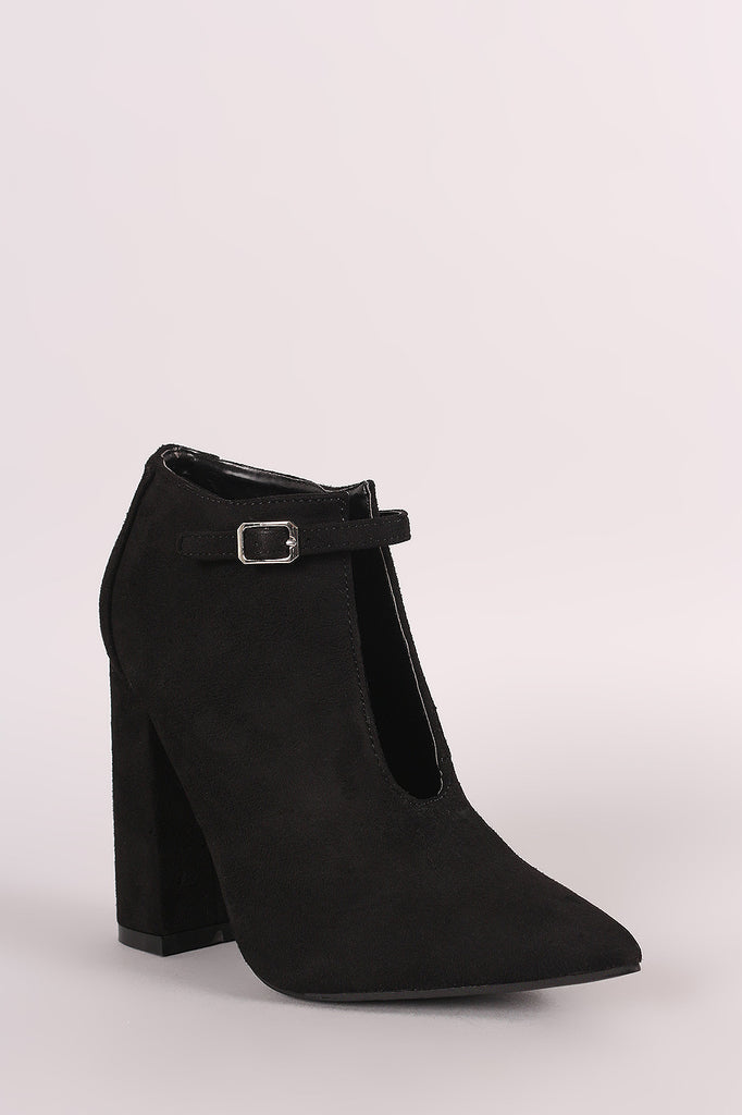 Suede Front Cutout Buckle Chunky Heel Bootie