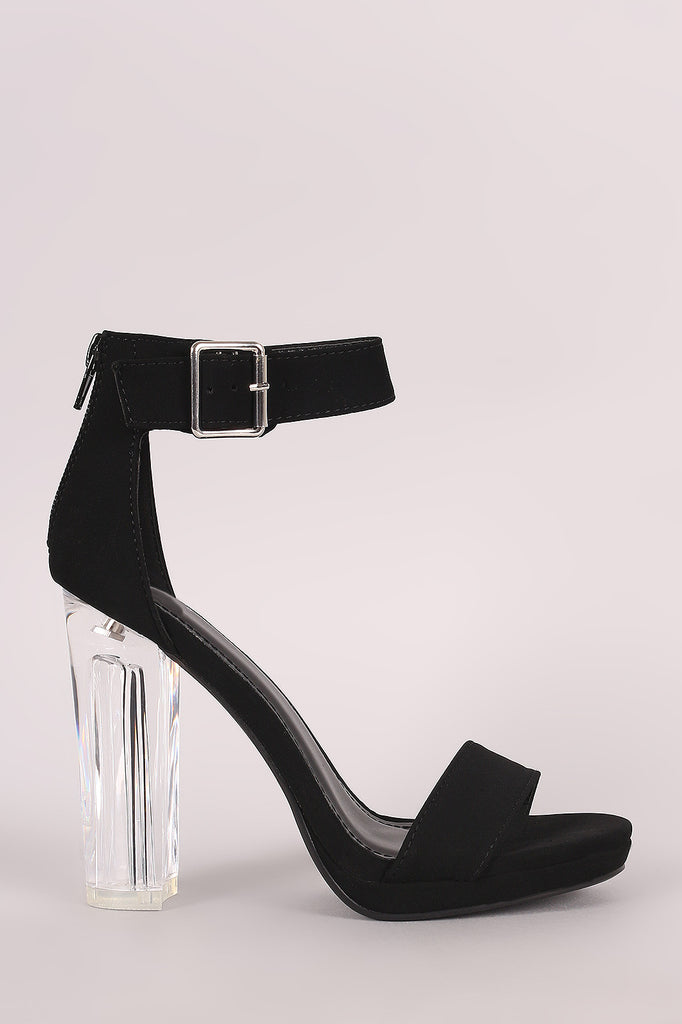 Delicious Nubuck Buckled Ankle Strap Chunky Lucite Heel