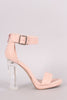 Delicious Nubuck Buckled Ankle Strap Chunky Lucite Heel