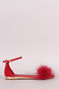 Bamboo Suede Faux Feather Accent Ankle Strap Flat Sandal