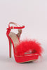 Qupid Faux Feather Band Ankle Strap Suede Stiletto Platform Heel