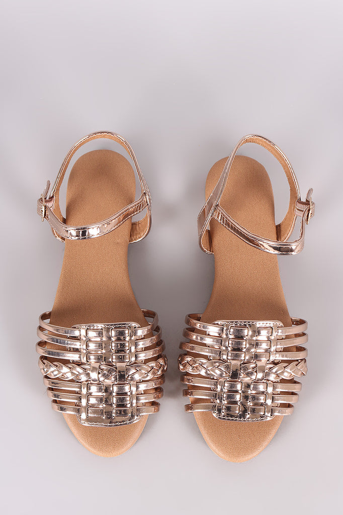 Qupid Mirror Metallic Woven Ankle Strap Flat Sandal