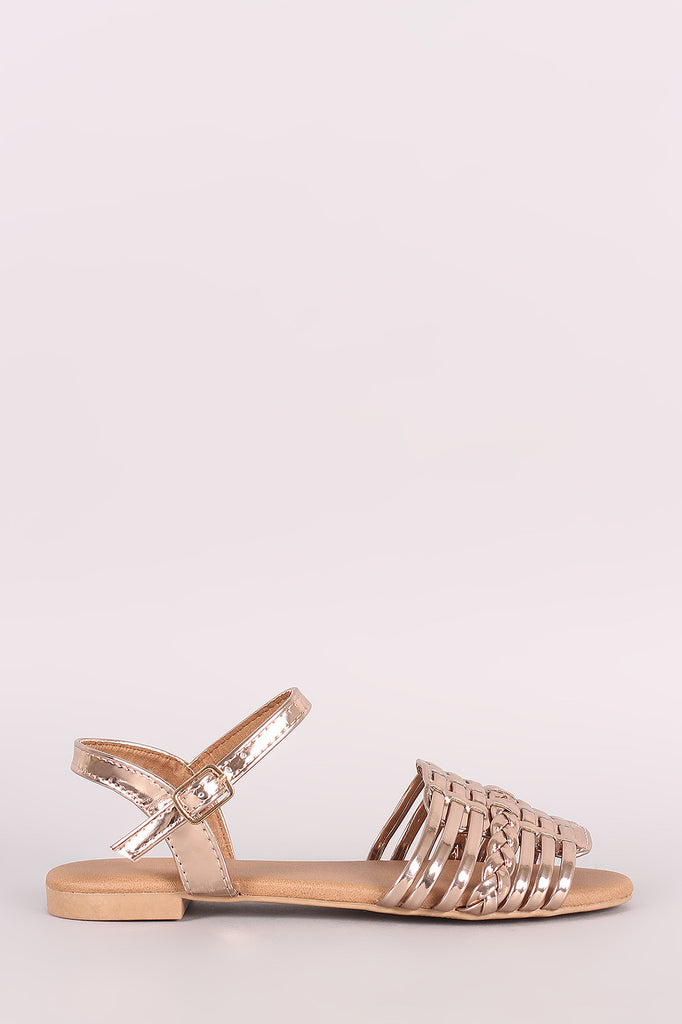 Qupid Mirror Metallic Woven Ankle Strap Flat Sandal