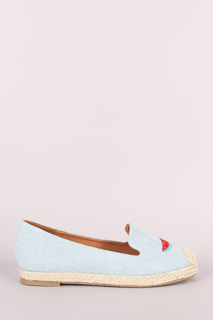 Fun Embroidered Denim Espadrille Slip On Loafer Flat