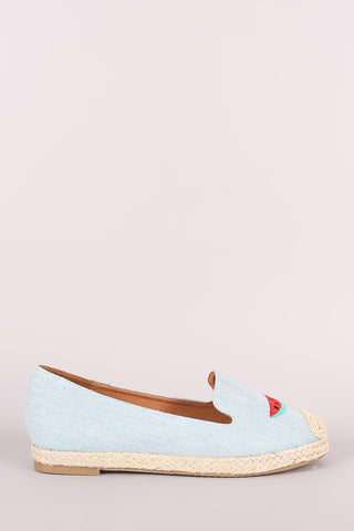 Fun Embroidered Denim Espadrille Slip On Loafer Flat
