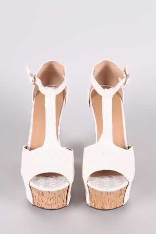 Bamboo Eyelet Lace Peep Toe T-Strap Chunky Platform Heel