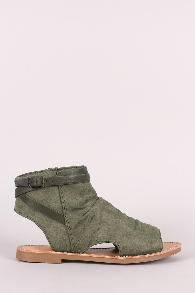 Soda Suede Open Toe Buckled Strap Cutout Flat Sandal
