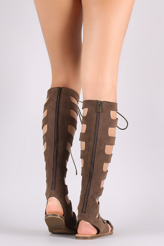 Bamboo Knee High Lace Up Gladiator Flat Sandal