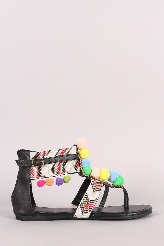 Pom Pom T-Strap Chevron Ankle Cuff Gladiator Thong Flat Sandal