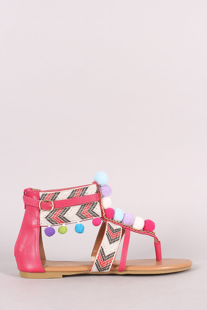 Pom Pom T-Strap Chevron Ankle Cuff Gladiator Thong Flat Sandal
