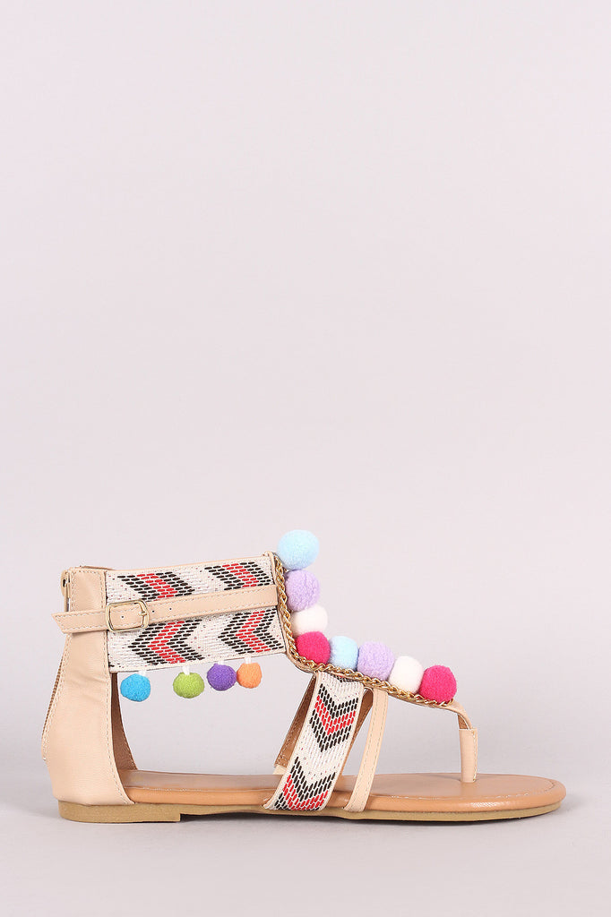 Pom Pom T-Strap Chevron Ankle Cuff Gladiator Thong Flat Sandal