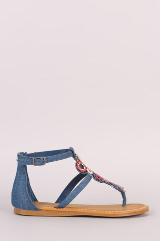Bamboo Denim Beadwork T-Strap Thong Flat Sandal