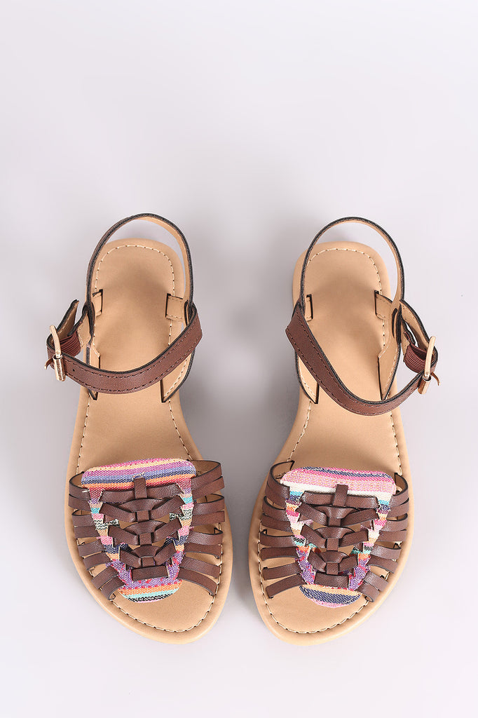 Soda Woven Tribal Peep Toe Ankle Strap Flat Sandal