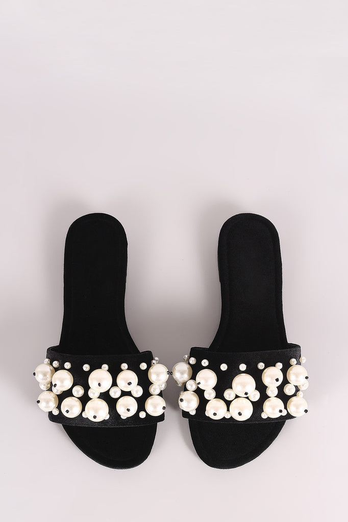 Faux Pearls Velvet Slide Sandals