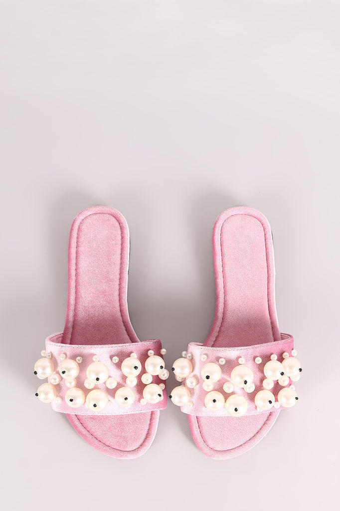 Faux Pearls Velvet Slide Sandals